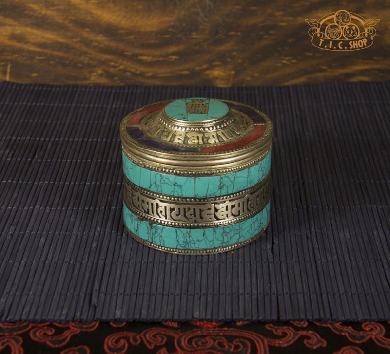 Kalachakra & Om Mantras Tibetan Style Stone Inlay Metal Trinket Box / Jewelry Box