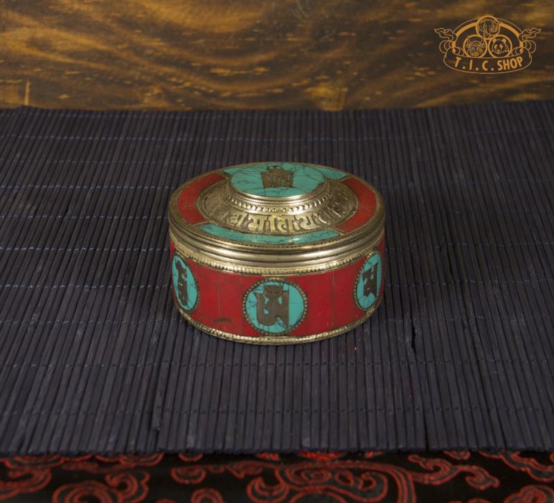 Kalachakra & Om Mantra Tibetan Style Stone Inlay Metal Trinket Box / Jewelry Box