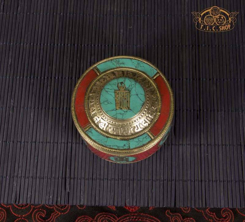Kalachakra & Om Mantra Tibetan Style Stone Inlay Metal Trinket Box / Jewelry Box