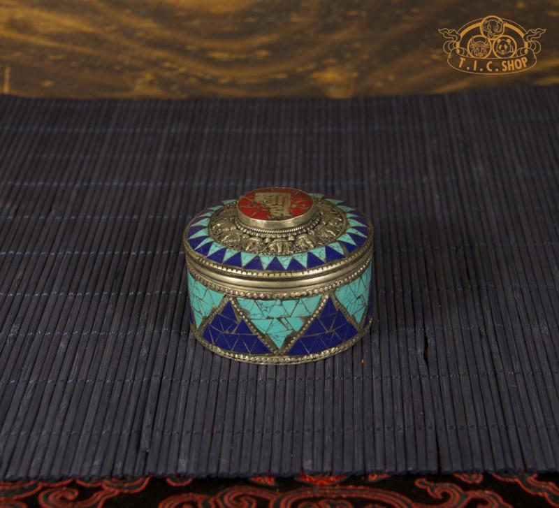Kalachakra Tibetan Style Stone Inlay Metal Trinket Box / Jewelry Box
