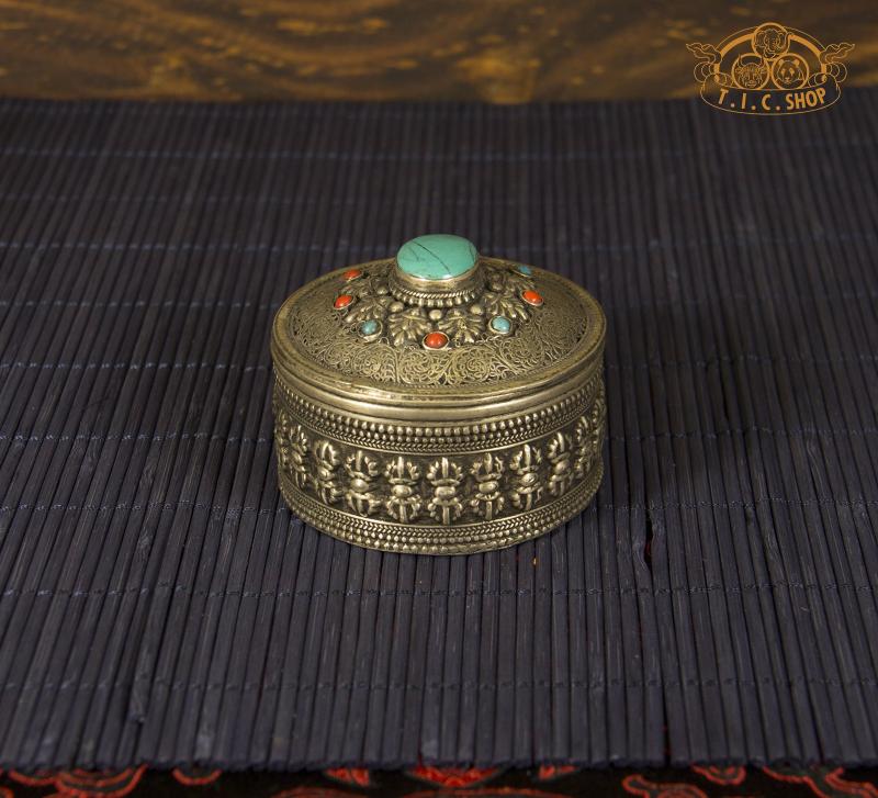 Vajra Motifs Tibetan Natural Stones Metal Filigree Trinket Box / Jewelry Box