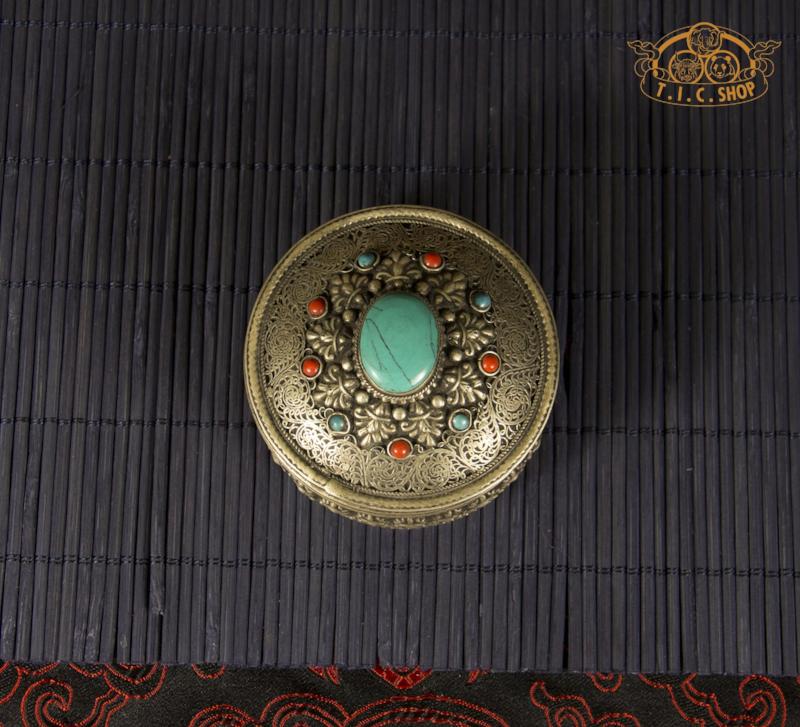 Vajra Motifs Tibetan Natural Stones Metal Filigree Trinket Box / Jewelry Box