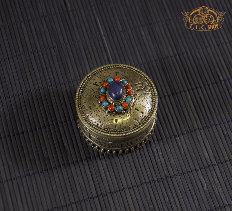 Om Mantras Tibetan Natural Stones Metal Filigree Trinket Box / Jewelry Box