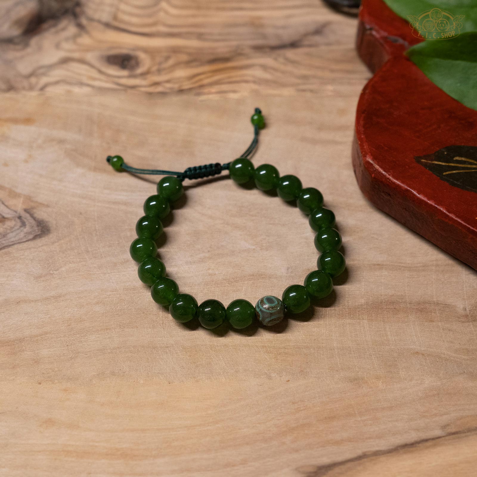Dzi Bead Green Jade 8mm Beads Bracelet