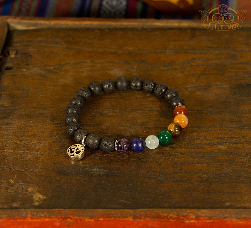 Yoga Seven Chakra Energy 8mm Beads Bracelet with 925 Silver OM Symbol