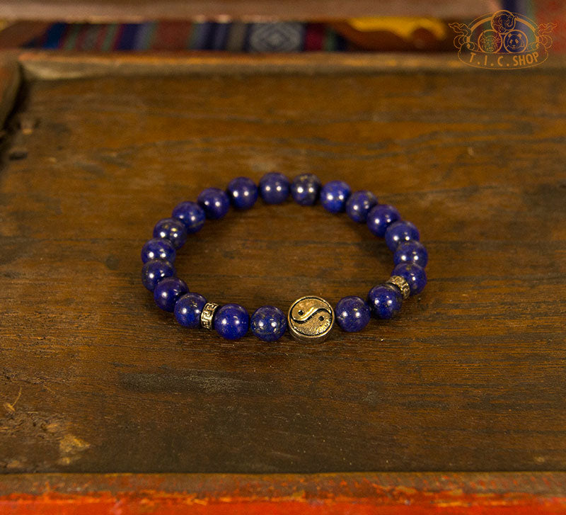 Lapis Lazuli 8 mm Beads Elastic Bracelet with 925 Silver Yin-Yang Symbol