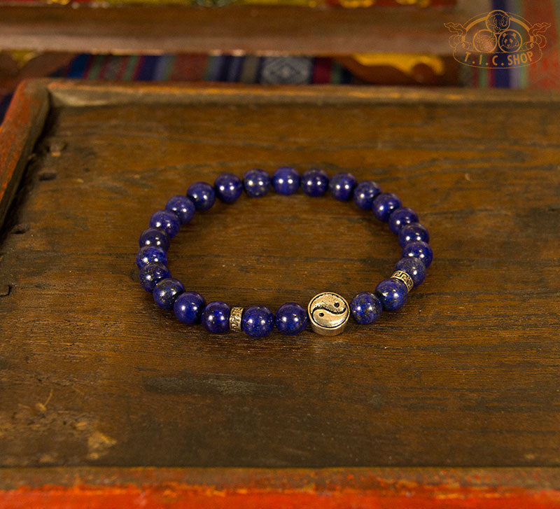 Lapis Lazuli 8 mm Beads Elastic Bracelet with 925 Silver Yin-Yang Symbol