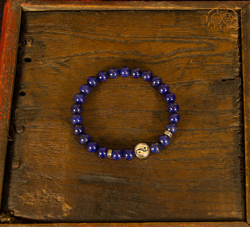 Lapis Lazuli 8 mm Beads Elastic Bracelet with 925 Silver Yin-Yang Symbol