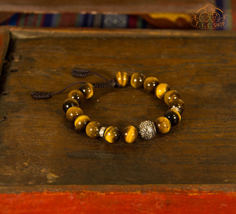 Eight Auspicious Symbols Tiger's Eye 10 mm Beads Bracelet