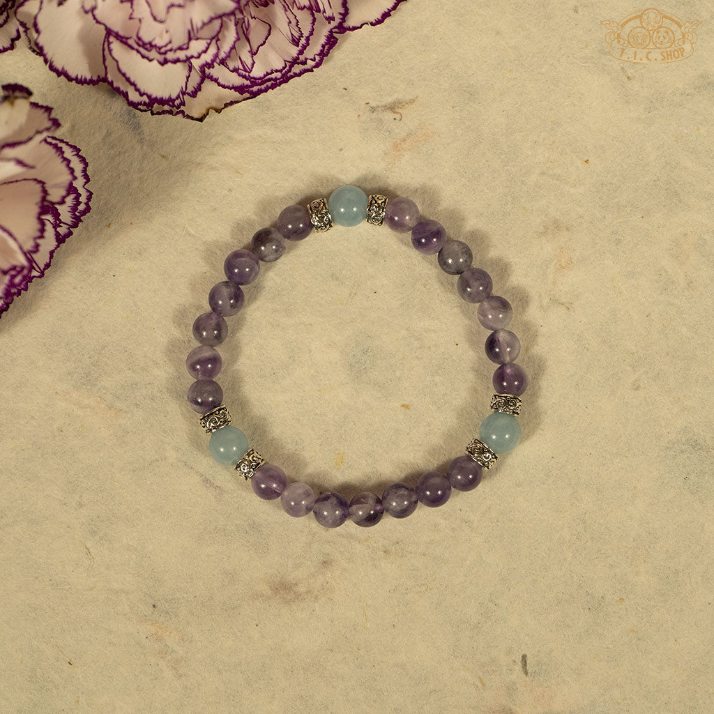 'Three Miraculous Ideas' Amethyst 6mm Beads Bracelet with Aquamarine