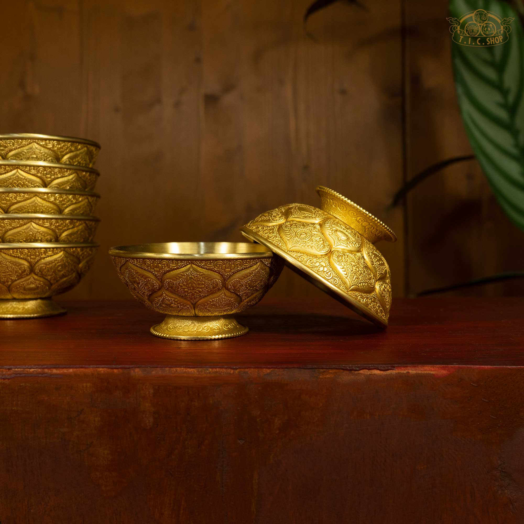 Close-up detail of Tibetan brass offering bowl with engraved lotus and auspicious motifs