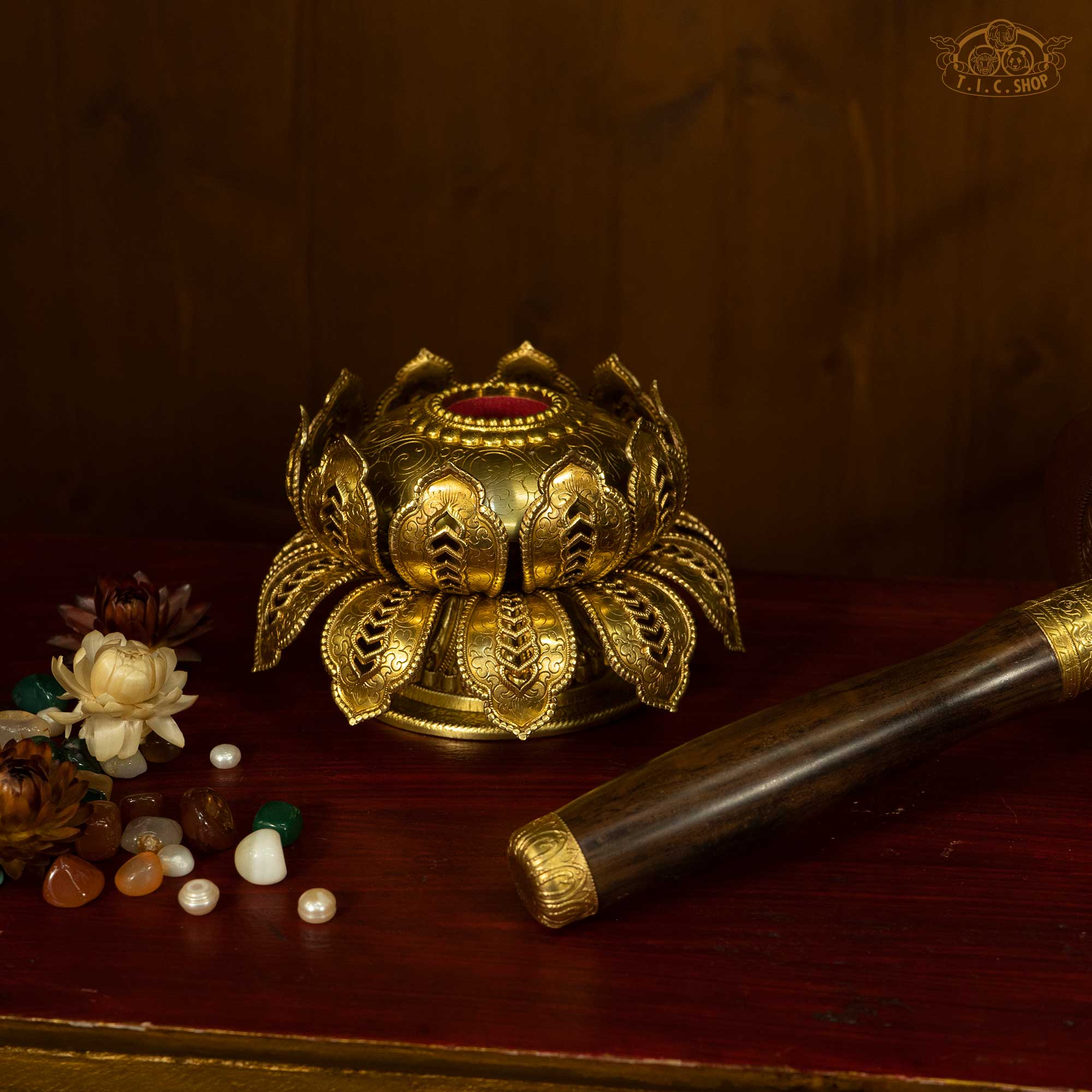 Intricate brass lotus base stand for Tibetan prayer wheel