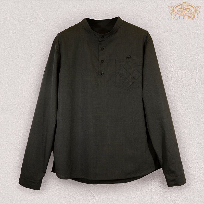 Front view of Stand Collar Himalayan Shirt with hand-embroidered Endless pattern.