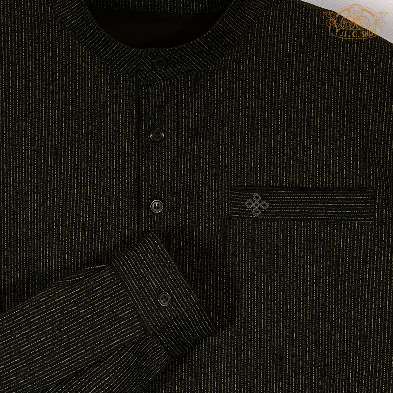 Close-up of the hand-embroidered Endless pattern on Himalayan shirt.