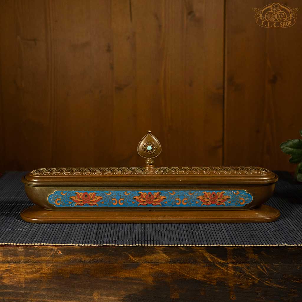 Brass incense burner with blue enamel cloisonné patterns and openwork lid, handcrafted Himalayan ritual decor.