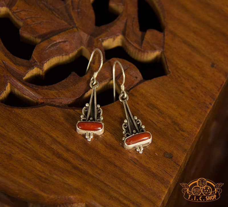 Narrow Path Red Coral Silver Earrings