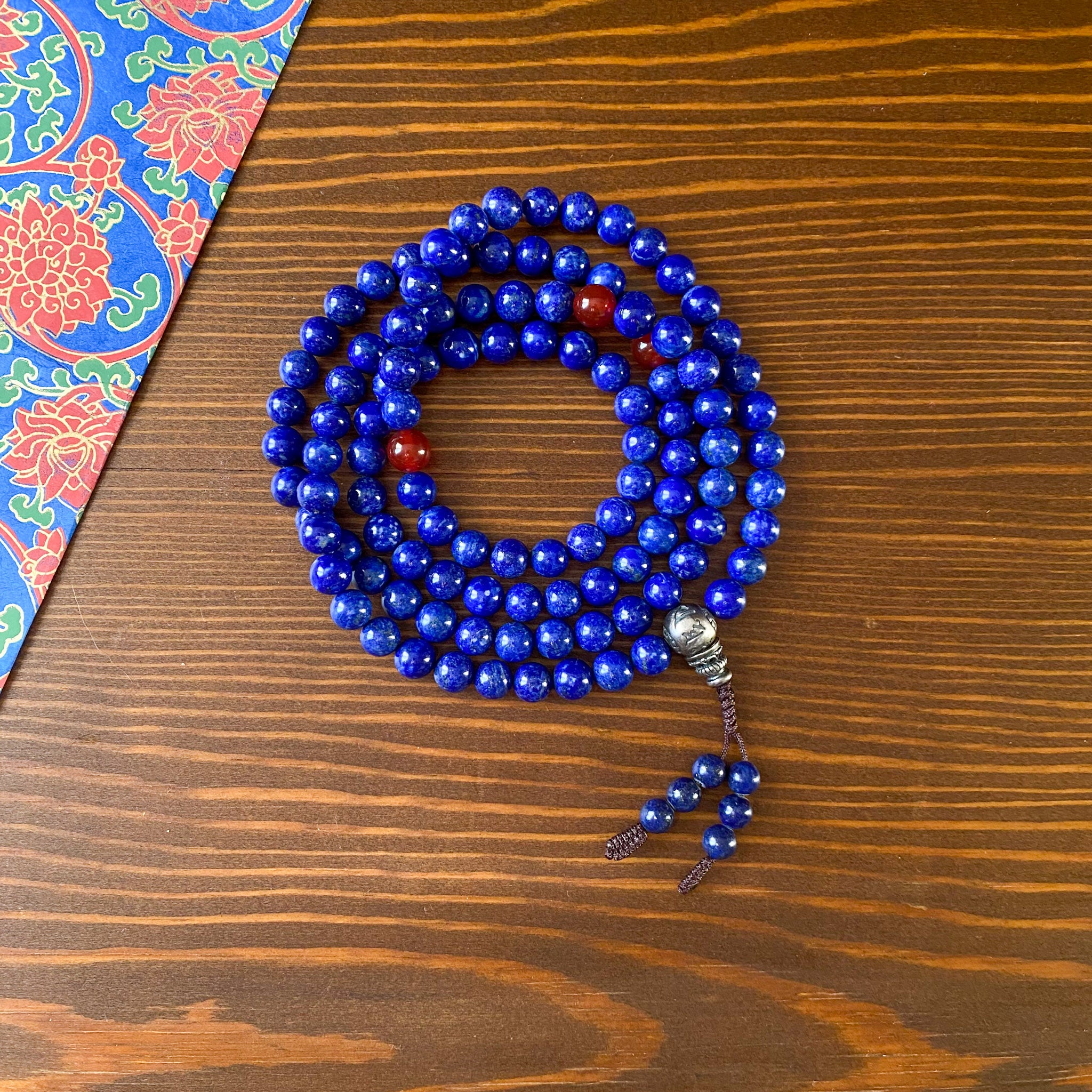 Lapis Lazuli 8mm 108 Beads Prayer Mala with 925 Silver Om Guru Bead