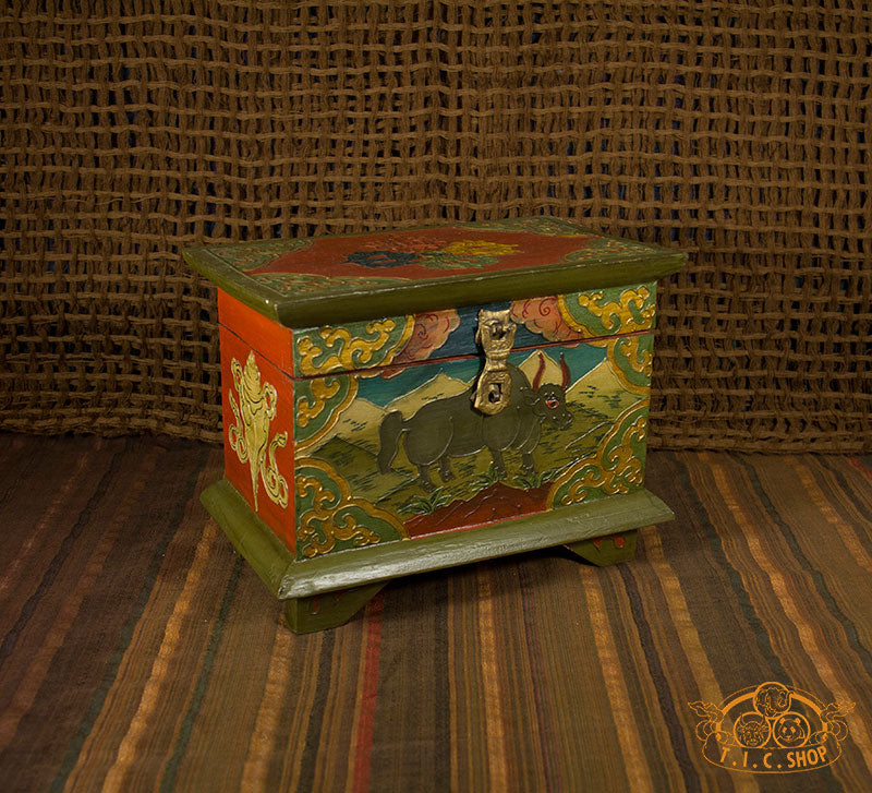 Yak Motif Nepali Hand-Painted Wooden Treasure Chest Jewelry Box