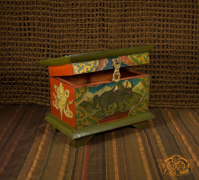 Yak Motif Nepali Hand-Painted Wooden Treasure Chest Jewelry Box