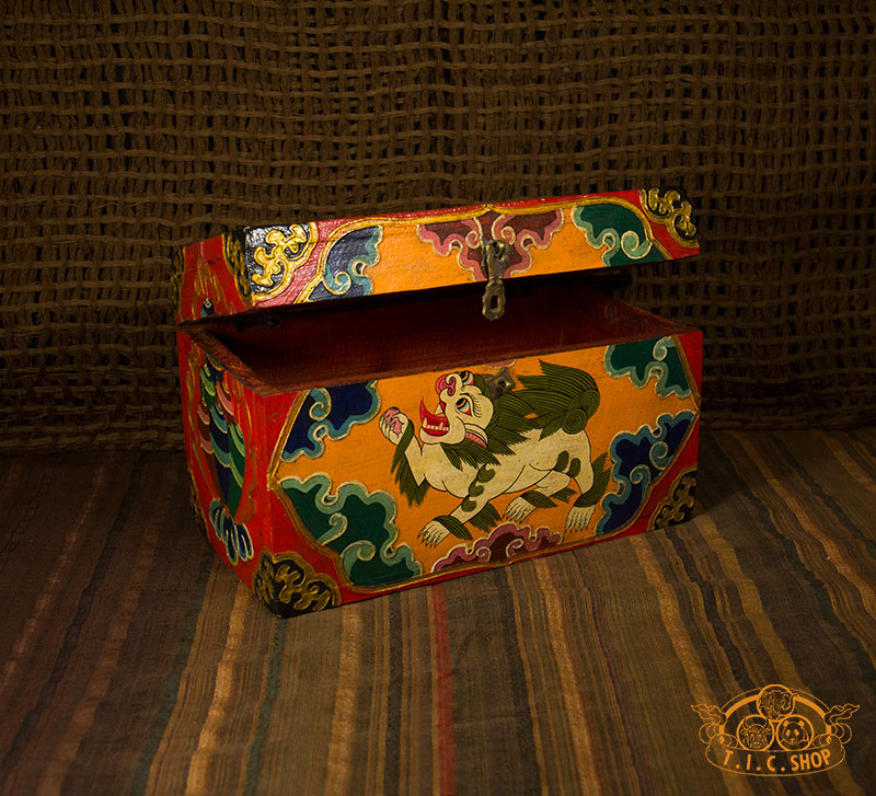 Snow Lion Nepali Hand-Painted Wooden Treasure Chest Jewelry Box