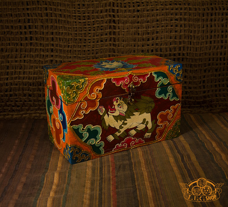 Snow Lion Nepali Hand-Painted Wooden Treasure Chest Jewelry Box