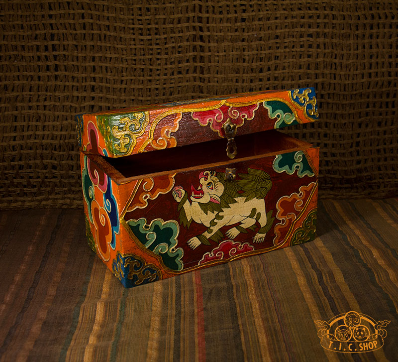 Snow Lion Nepali Hand-Painted Wooden Treasure Chest Jewelry Box