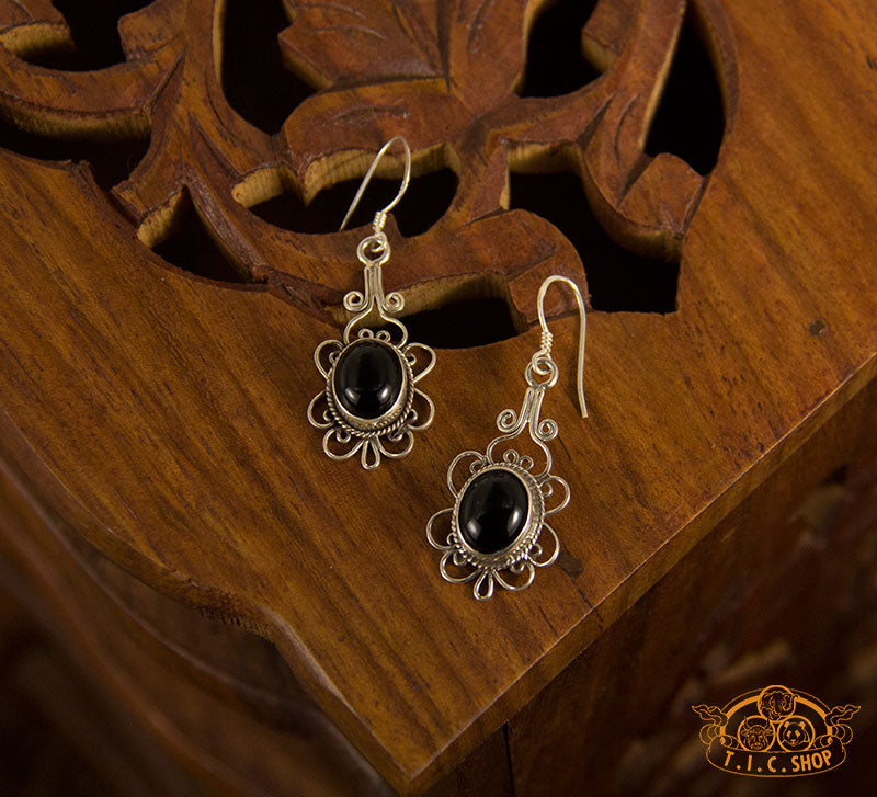 Flowers Obsidian Silver Earrings