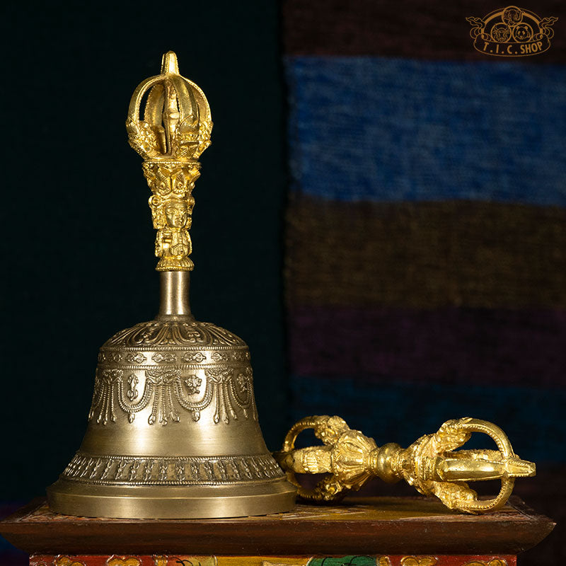 Tibetan Vajra and Bell Dorje and Ghanta ritual set handcrafted in brass by Himalayan artisans symbolizing wisdom and compassion
