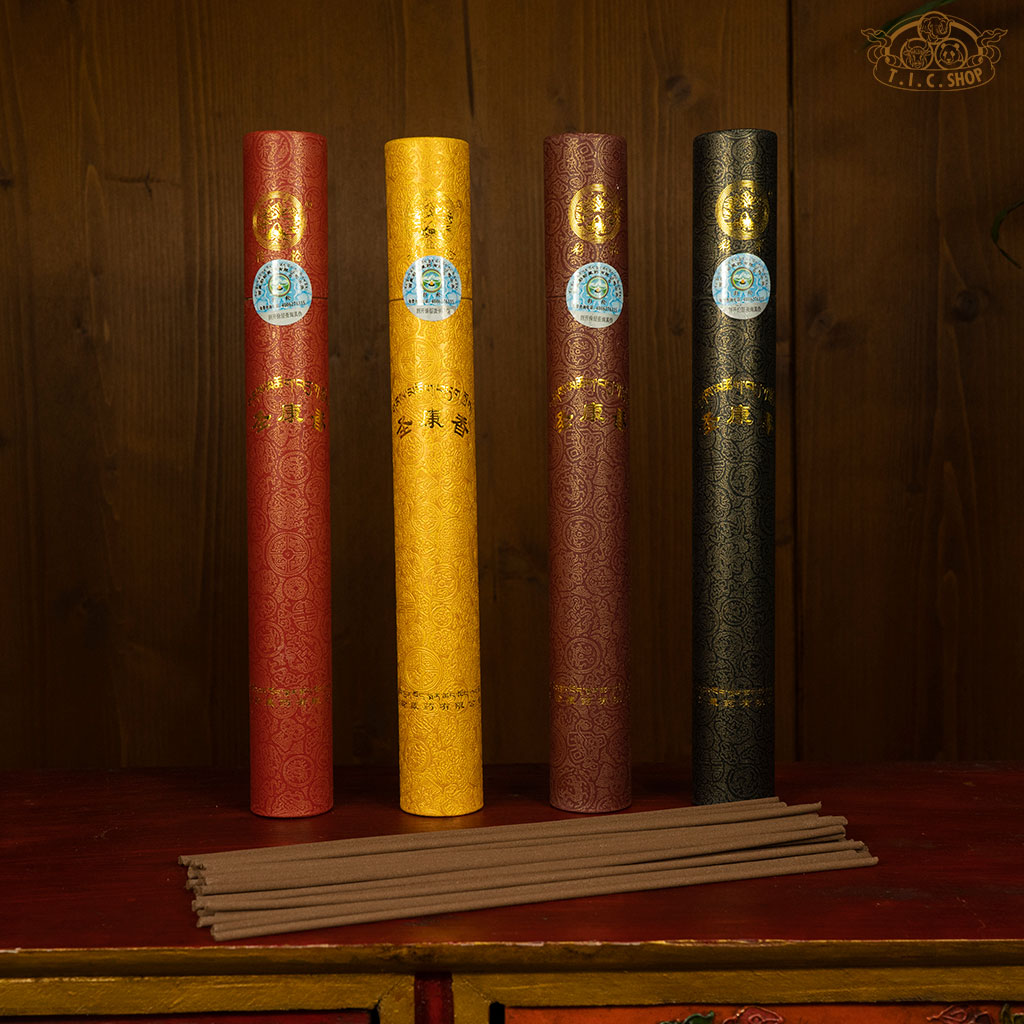 Holy Land Tibetan incense with Round paper tube packaging. Contains agarwood, sandalwood, and herbs for Buddhist offering and purification