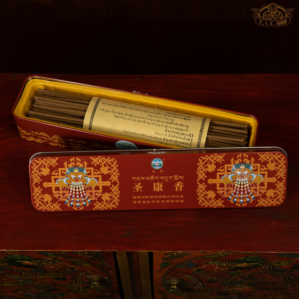 Traditional Tibetan incense with metal box for temple rituals, mental well-being, and cleansing negative energy