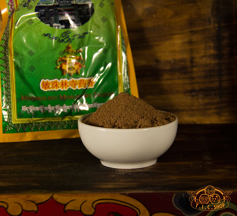 Mindroling Monastery's Tibetan incense powder displayed in a plate