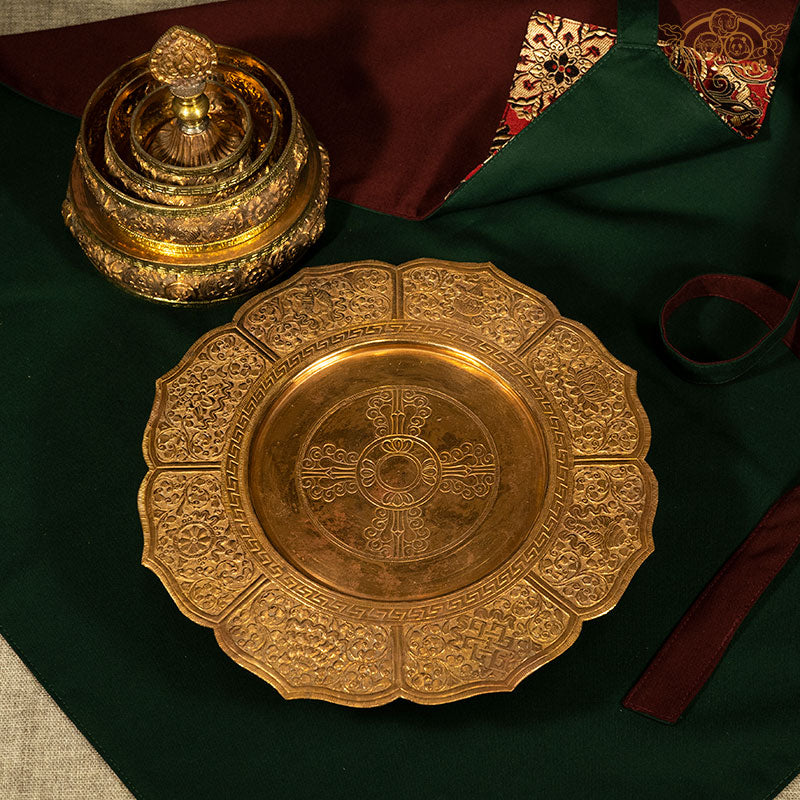 Copper Mandala base plate, 26 cm diameter, 4.5 cm height, traditional Tibetan Buddhist design for offerings, shrine, and personal practice