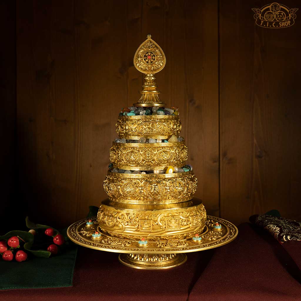 HUIBAO Mandala brass tray engraved with all 37 traditional offerings for visualization and accumulating merit and wisdom in Tibetan Buddhist practice
