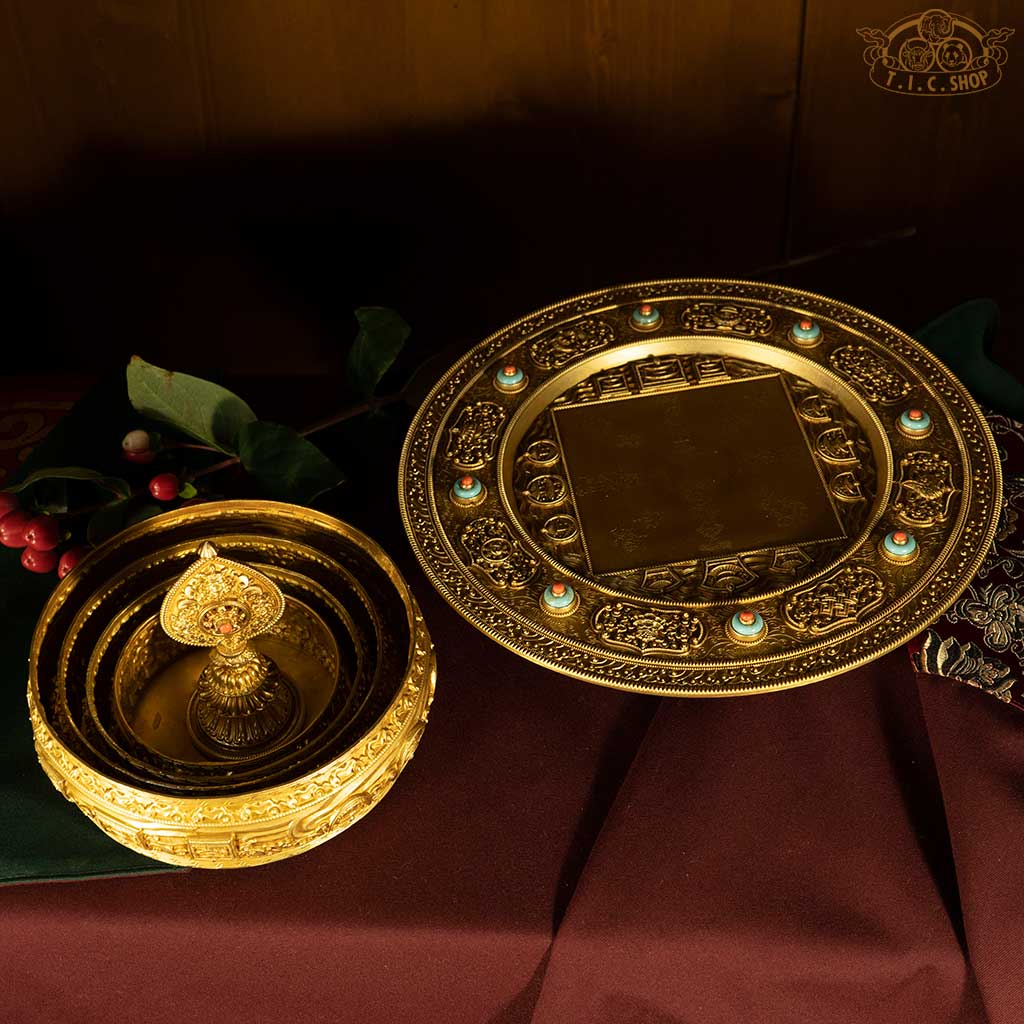 HUIBAO Mandala three rings depicting treasures, celestial maidens, sun, moon, umbrellas, and victory banners, for visualization and ritual offerings in Tibetan Vajrayana Buddhism