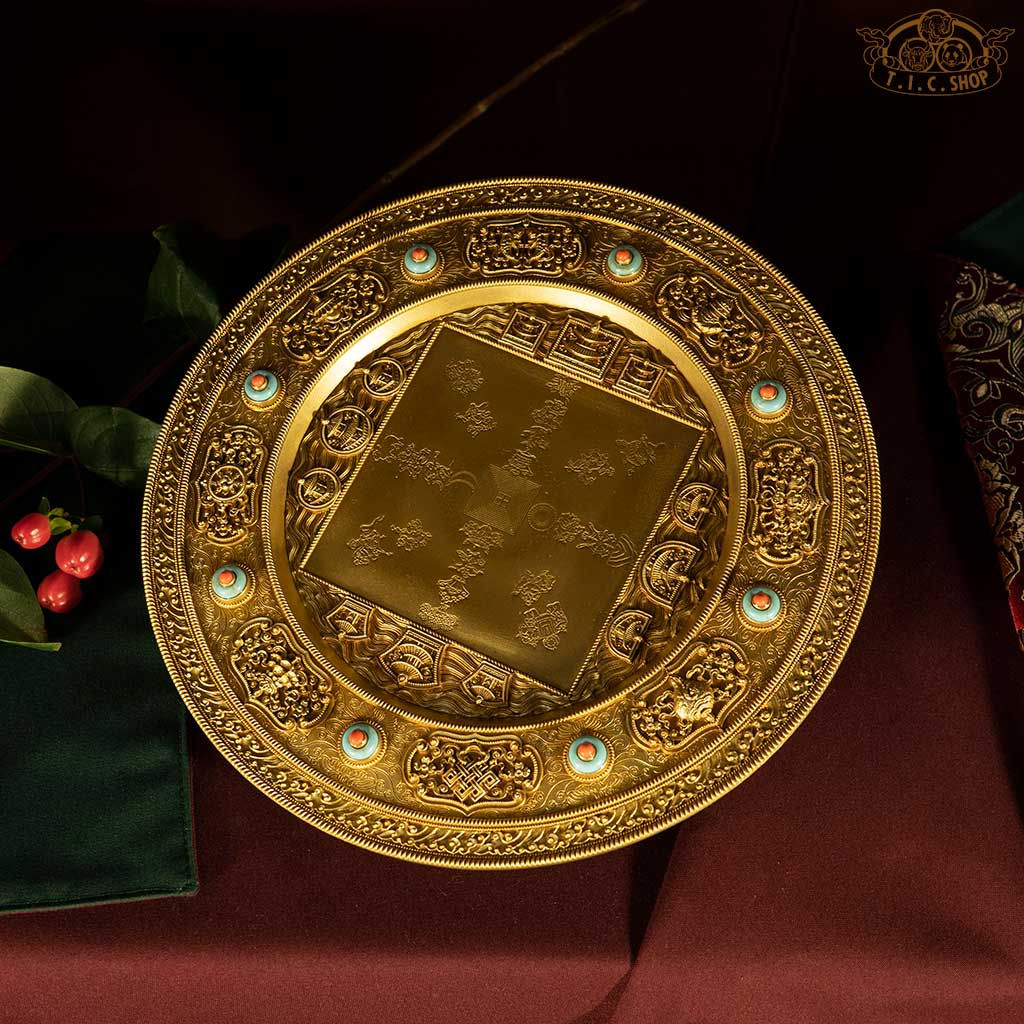 HUIBAO Mandala base plate, diameter 25 cm, engraved with the four major continents and eight sub-continents of Buddhist cosmology, enhancing meditation and devotional practice