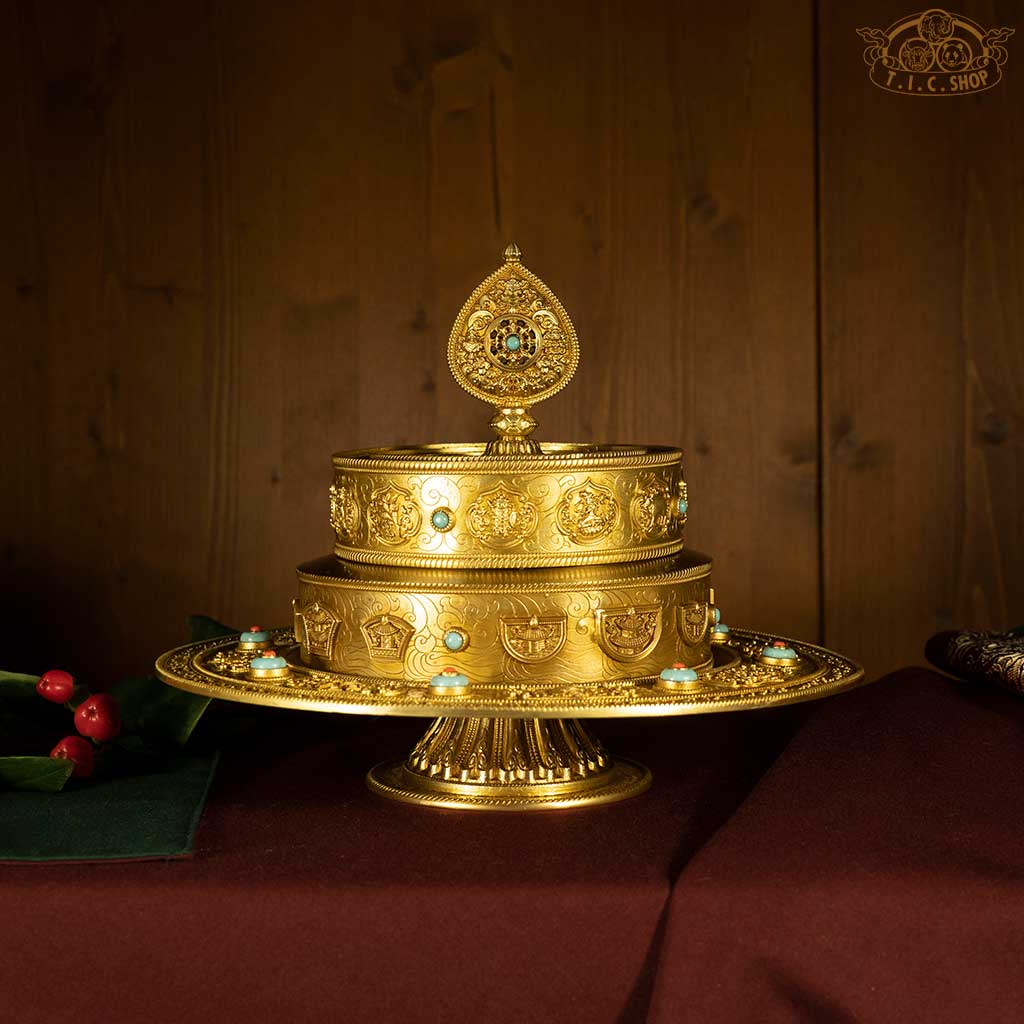 HUIBAO Mandala three rings depicting treasures, celestial maidens, sun, moon, umbrellas, and victory banners, for visualization and ritual offerings in Tibetan Vajrayana Buddhism.