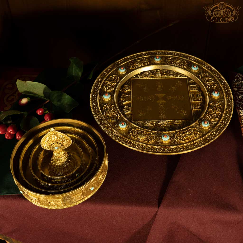 HUIBAO Mandala three rings depicting treasures, celestial maidens, sun, moon, umbrellas, and victory banners, for visualization and ritual offerings in Tibetan Vajrayana Buddhism.