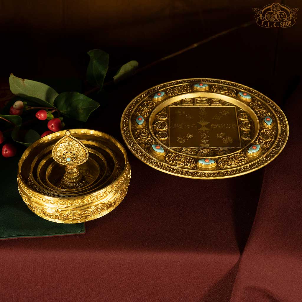 HUIBAO Mandala three rings depicting treasures, celestial maidens, sun, moon, umbrellas, and victory banners, supporting proper visualization and ritual offerings in Tibetan Vajrayana practice