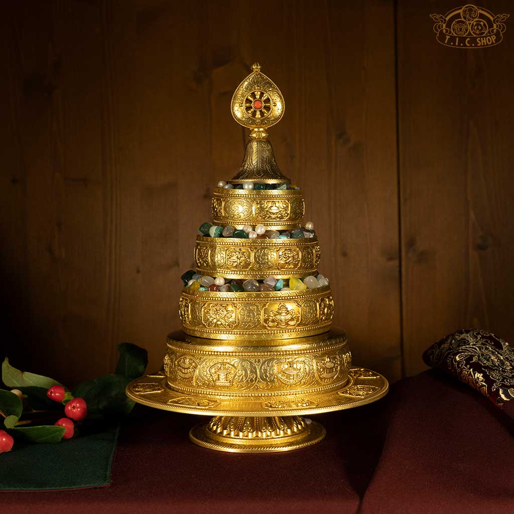 Mandala spiral stupa top engraved with Eight Auspicious Symbols, finely crafted Tibetan Buddhist sacred offering for meditation and merit accumulation