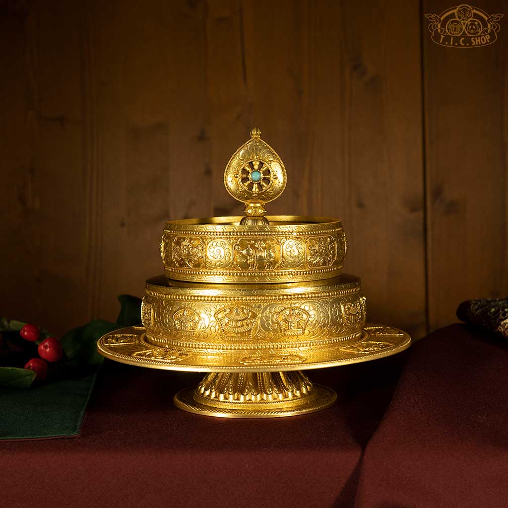 Mandala brass tray with turquoise inlay, engraved with 37 traditional offerings, supporting visualization and ritual practice to accumulate merit and wisdom in Tibetan Buddhism