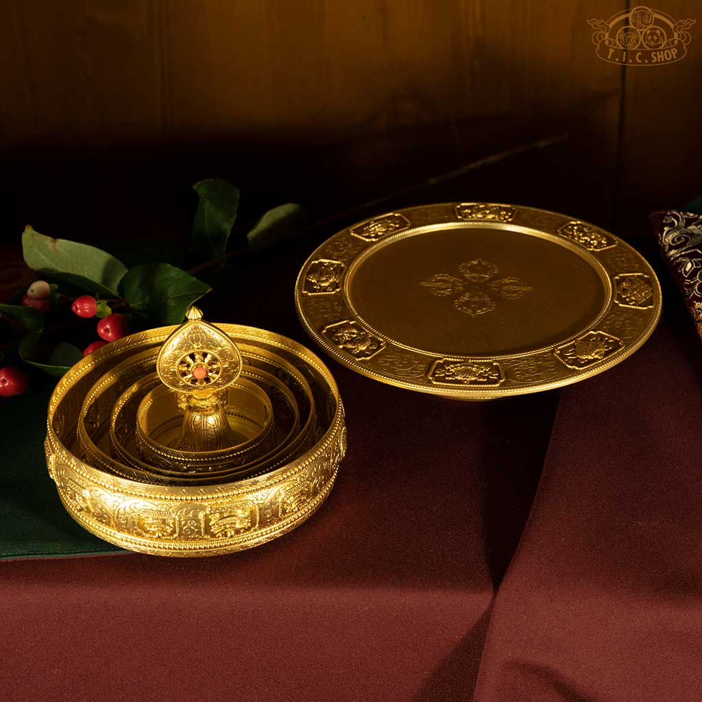 Mandala three concentric rings showing treasures, celestial maidens, sun, moon, umbrella, and victory banner patterns, designed for proper visualization in Tibetan Buddhist practice