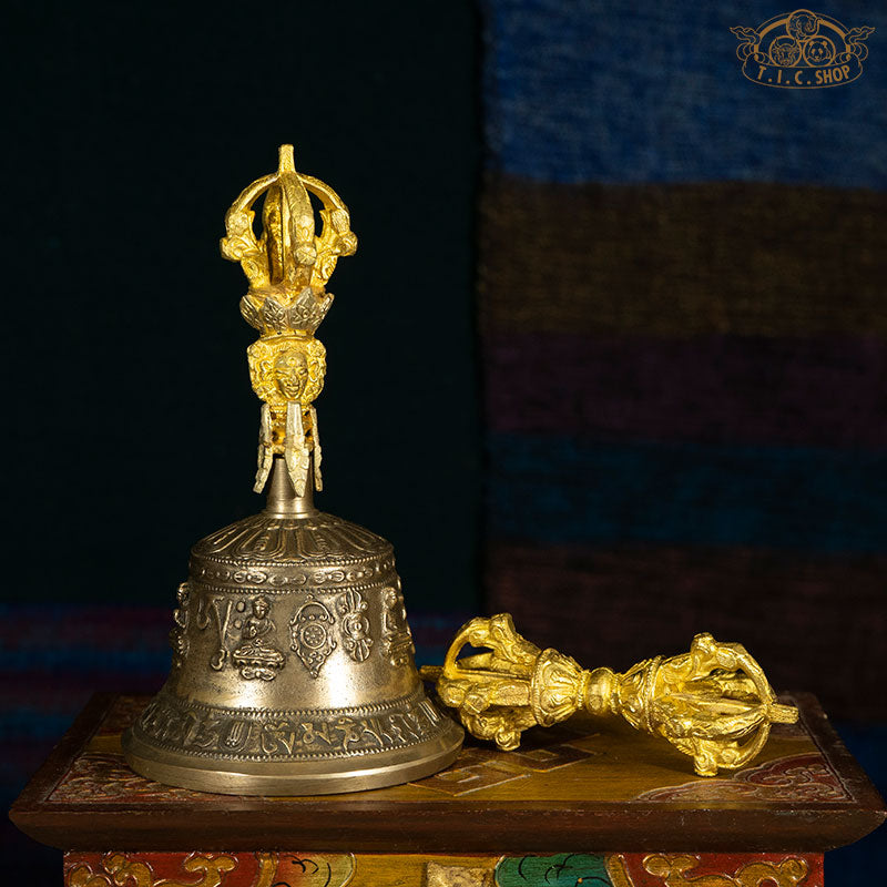 Tibetan Vajra and Bell Dorje and Ghanta handcrafted brass ritual set symbolizing the union of wisdom and compassion