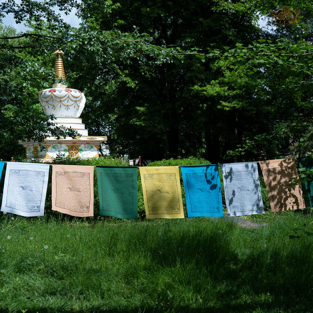 Hand-printed cotton Tibetan Windhorse prayer flags, 4 m long, promoting harmony, peace, and spiritual well-being

