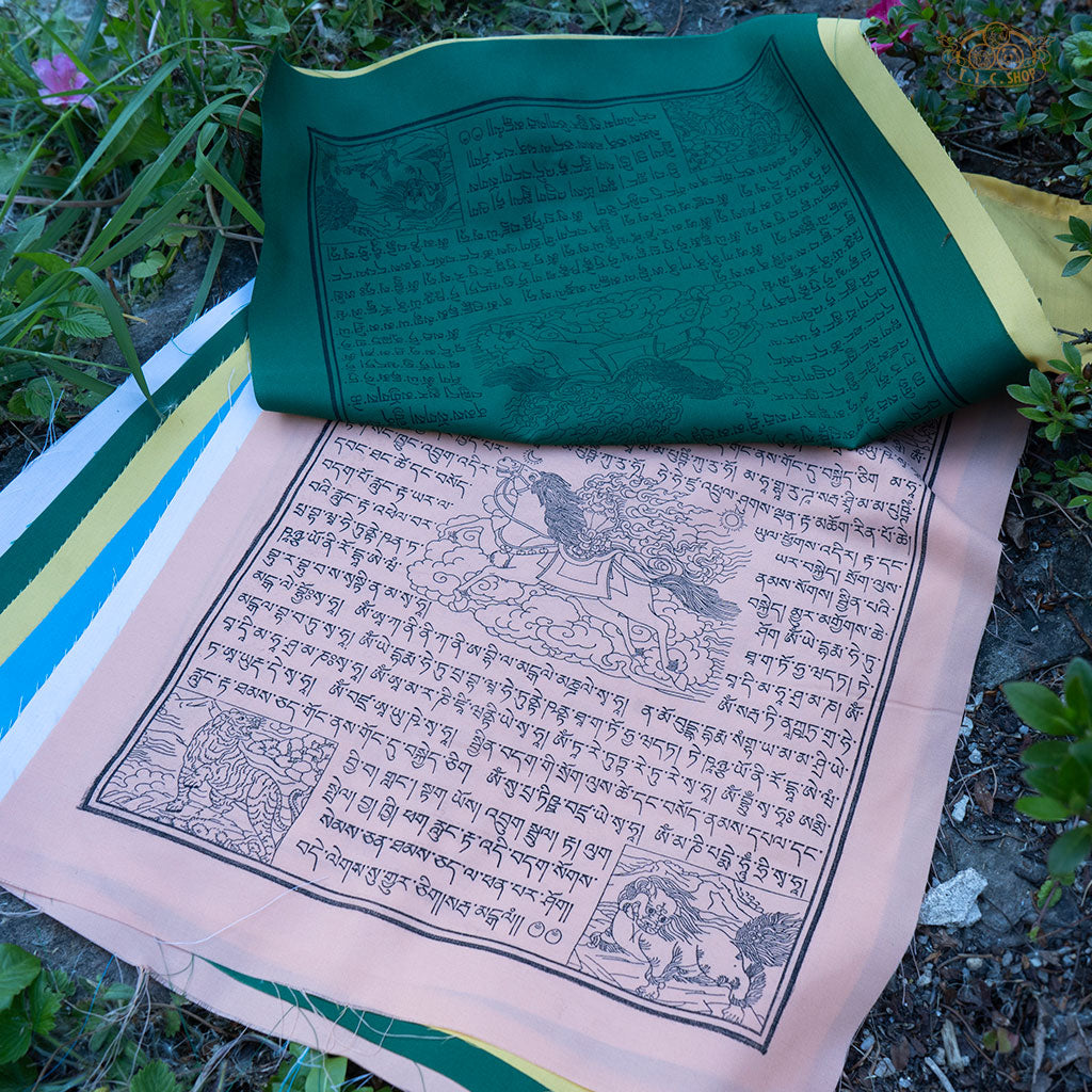 Detailed view of vibrant Tibetan Windhorse prayer flags made from cotton with traditional printed designs
