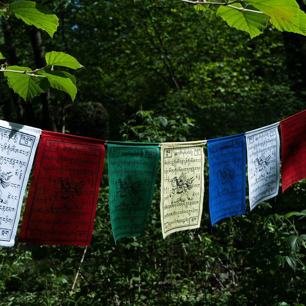 Close-up of colorful 100% cotton Windhorse prayer flags featuring traditional Tibetan symbols
