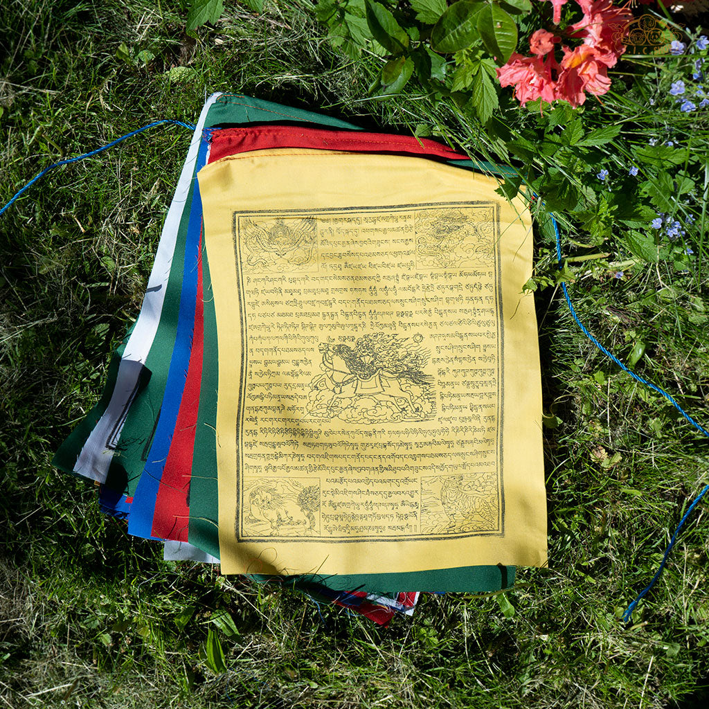 Hand-printed cotton Tibetan Windhorse prayer flags with traditional symbols, each 35x45 cm, for outdoor hanging and blessings