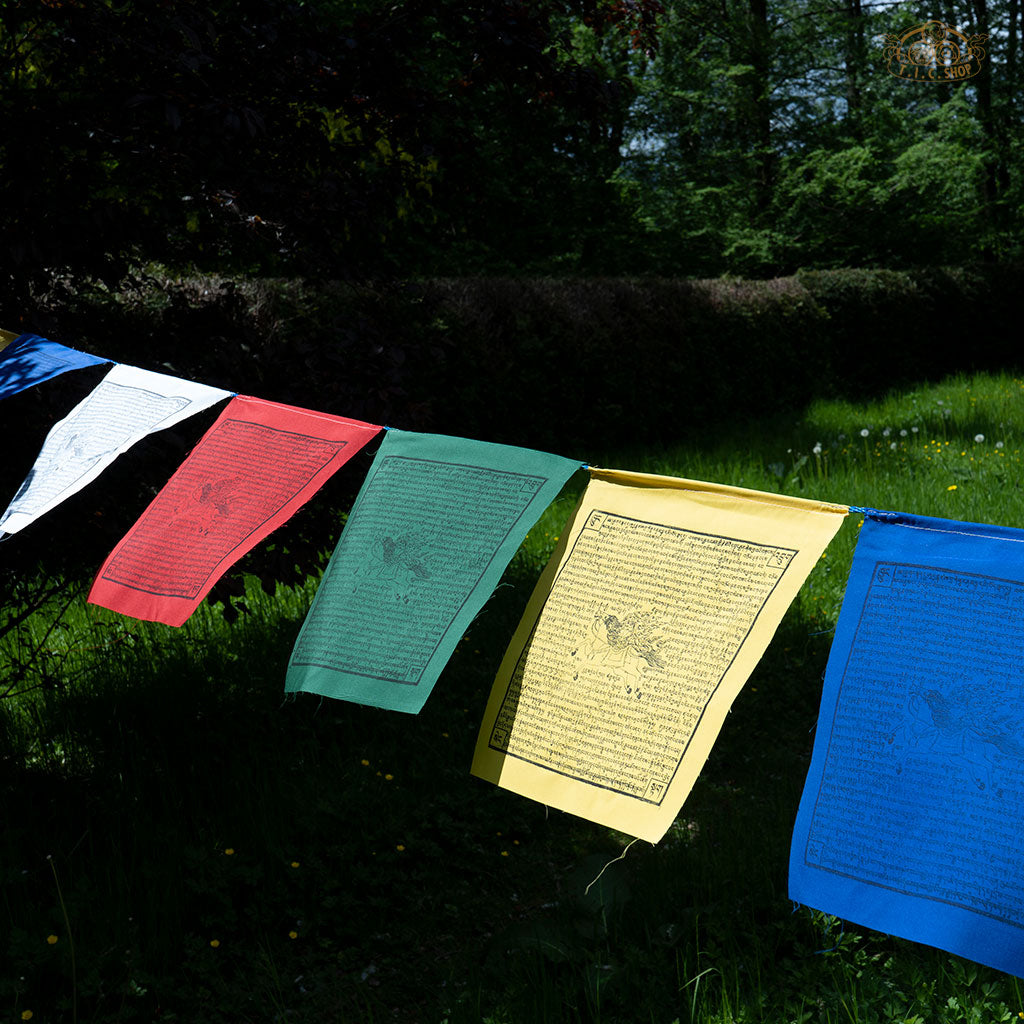 Hand-printed cotton Windhorse prayer flags with traditional Tibetan symbols, each 28x32 cm, 8 meters long