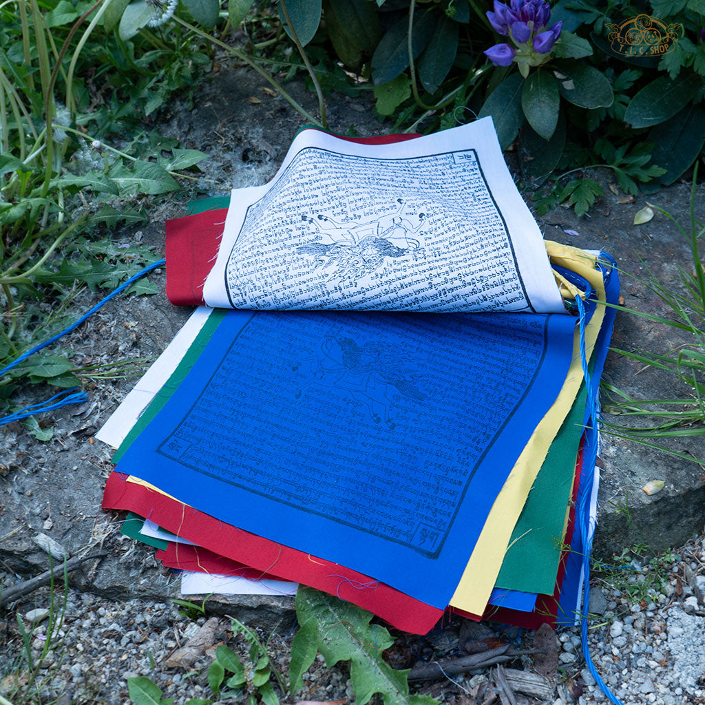 Detailed view of vibrant Tibetan Windhorse prayer flags made from cotton with traditional printed designs