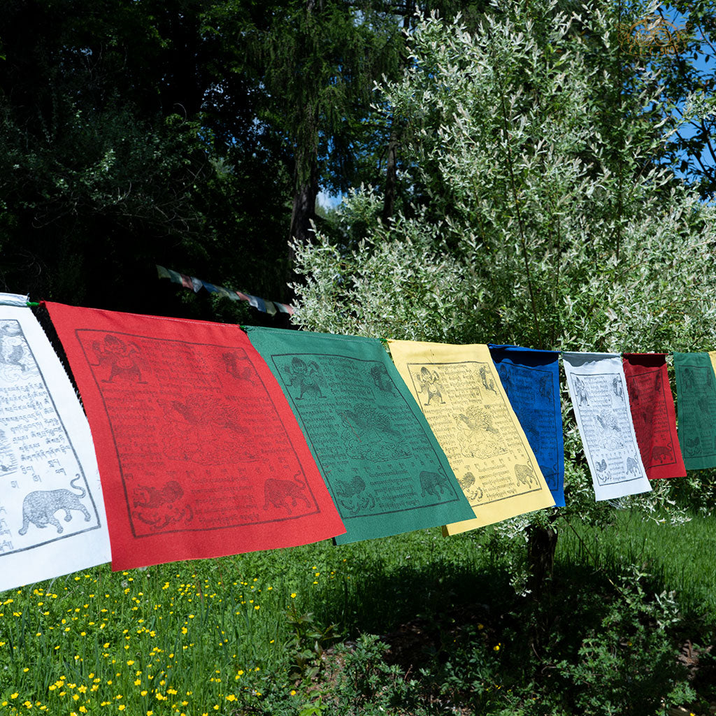 Set of 25 hand-printed cotton Windhorse prayer flags on an 8 m string for outdoor display