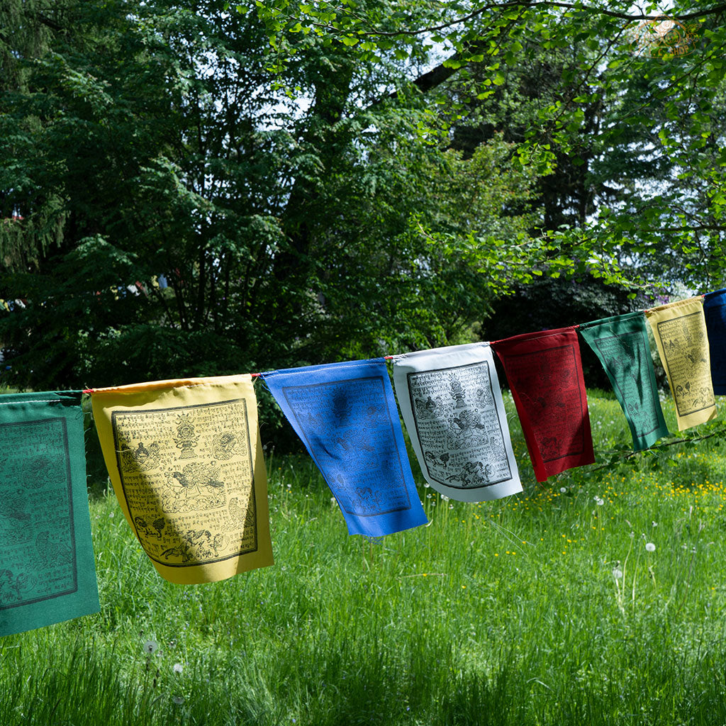 Detailed view of Tibetan Windhorse prayer flags showcasing vibrant traditional designs on cotton fabric